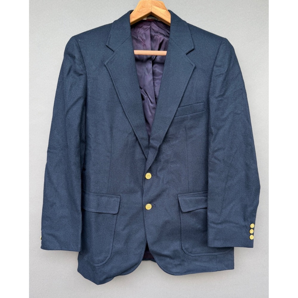 David Hunter Mens Navy Blue Wool Blazer Gold Crest Button Sport Coat Vintage M L